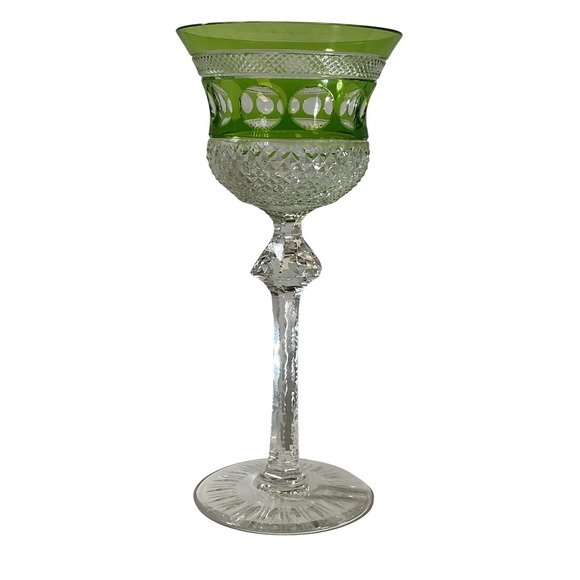 Other - Vintage Green Cut to Clear Crystal Wine‎ Hock Tall Stem Faceted Glassware